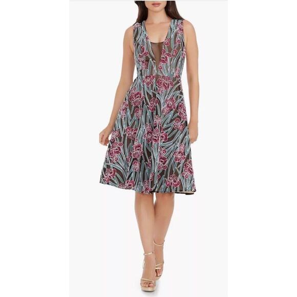 DRESS THE POPULATION Macie Floral Embroidery Fit & Flare Dress Medium $298 - Picture 1 of 10